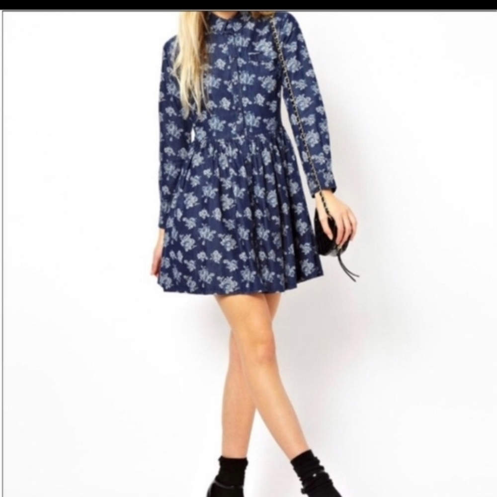 Gap denim Floral Chambray Cotton Full Button Front Midi Shirt Dress